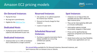 Amazon EC2 pricing models
On-Demand Instances
• Pay by the hour
• No long-term commitments.
• Eligible for the AWS Free Tier.
Dedicated Hosts
• A physical server with EC2 instance
capacity fully dedicated to your use.
Dedicated Instances
• Instances that run in a VPC on hardware
that is dedicated to a single customer.
32
Spot Instances
• Instances run as long as they are
available and your bid is above the
Spot Instance price.
• They can be interrupted by AWS with
a 2-minute notification.
• Interruption options include
terminated, stopped or hibernated.
• Prices can be significantly less
expensive compared to On-Demand
Instances
• Good choice when you have flexibility
in when your applications can run.
Reserved Instances
• Full, partial, or no upfront payment
for instance you reserve.
• Discount on hourly charge for that
instance.
• 1-year or 3-year term.
Scheduled Reserved
Instances
• Purchase a capacity reservation that is
always available on a recurring
schedule you specify.
• 1-year term.
© 2019 Amazon Web Services, Inc. or its Affiliates. All rights reserved.
Per second billing available for On-Demand Instances, Reserved Instances, and
Spot Instances that run Amazon Linux or Ubuntu.
 
