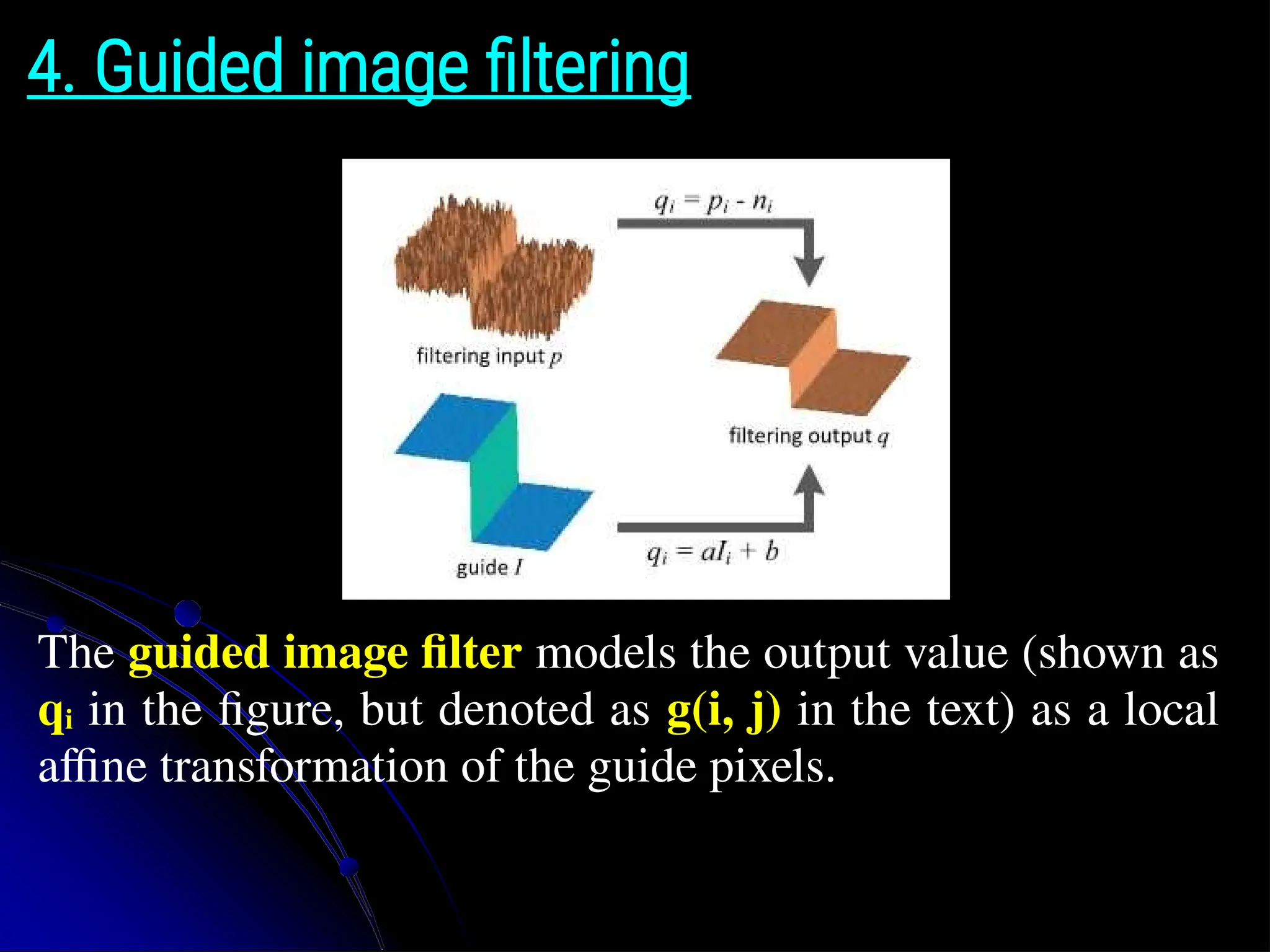4. Guided image filtering The guided image filter models the output value (shown as qi in the figure, but denoted as g(i, j) in the text) as a local affine transformation of the guide pixels. 