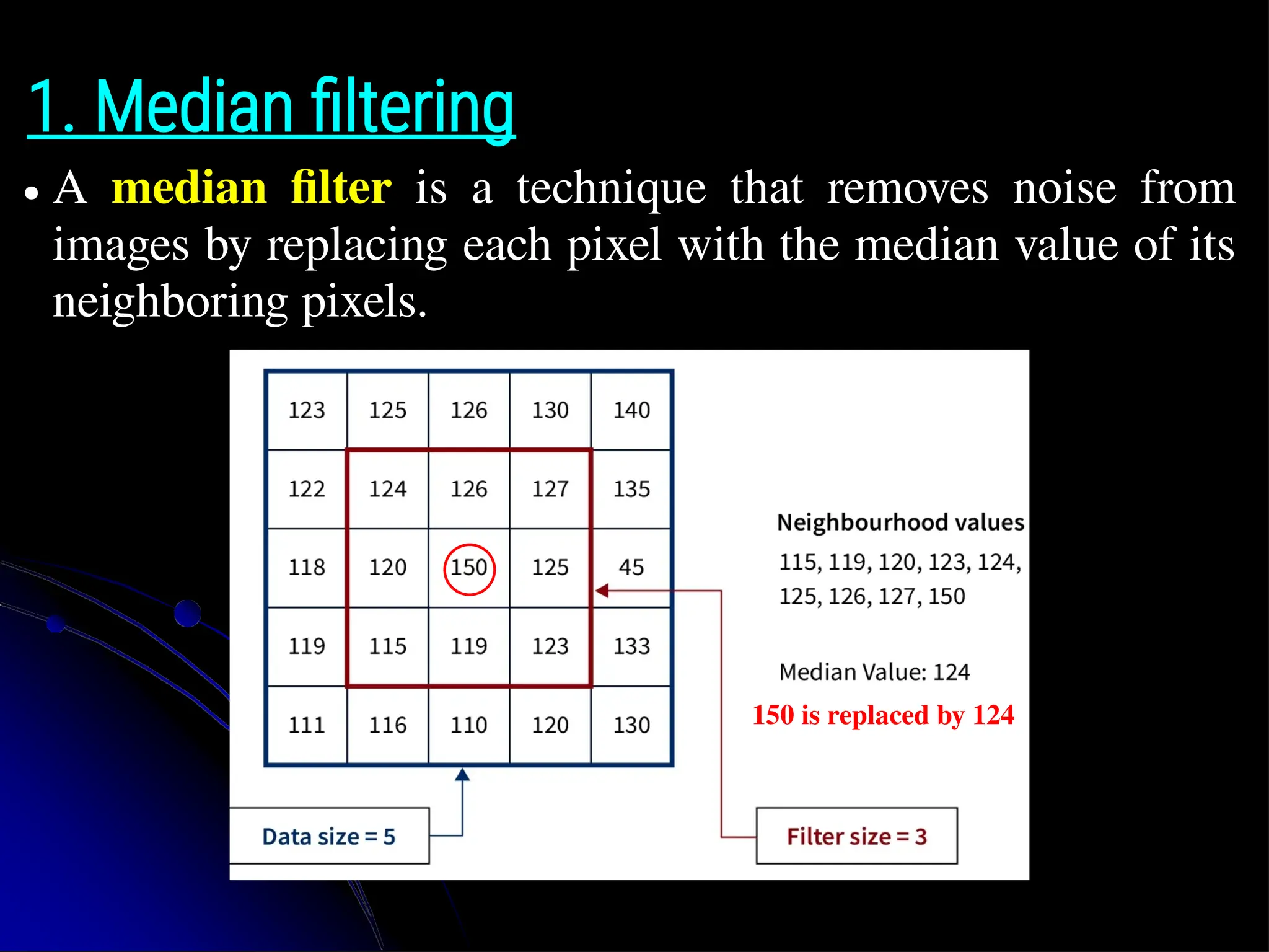 1. Median filtering ● A median filter is a technique that removes noise from images by replacing each pixel with the median value of its neighboring pixels. 150 is replaced by 124 