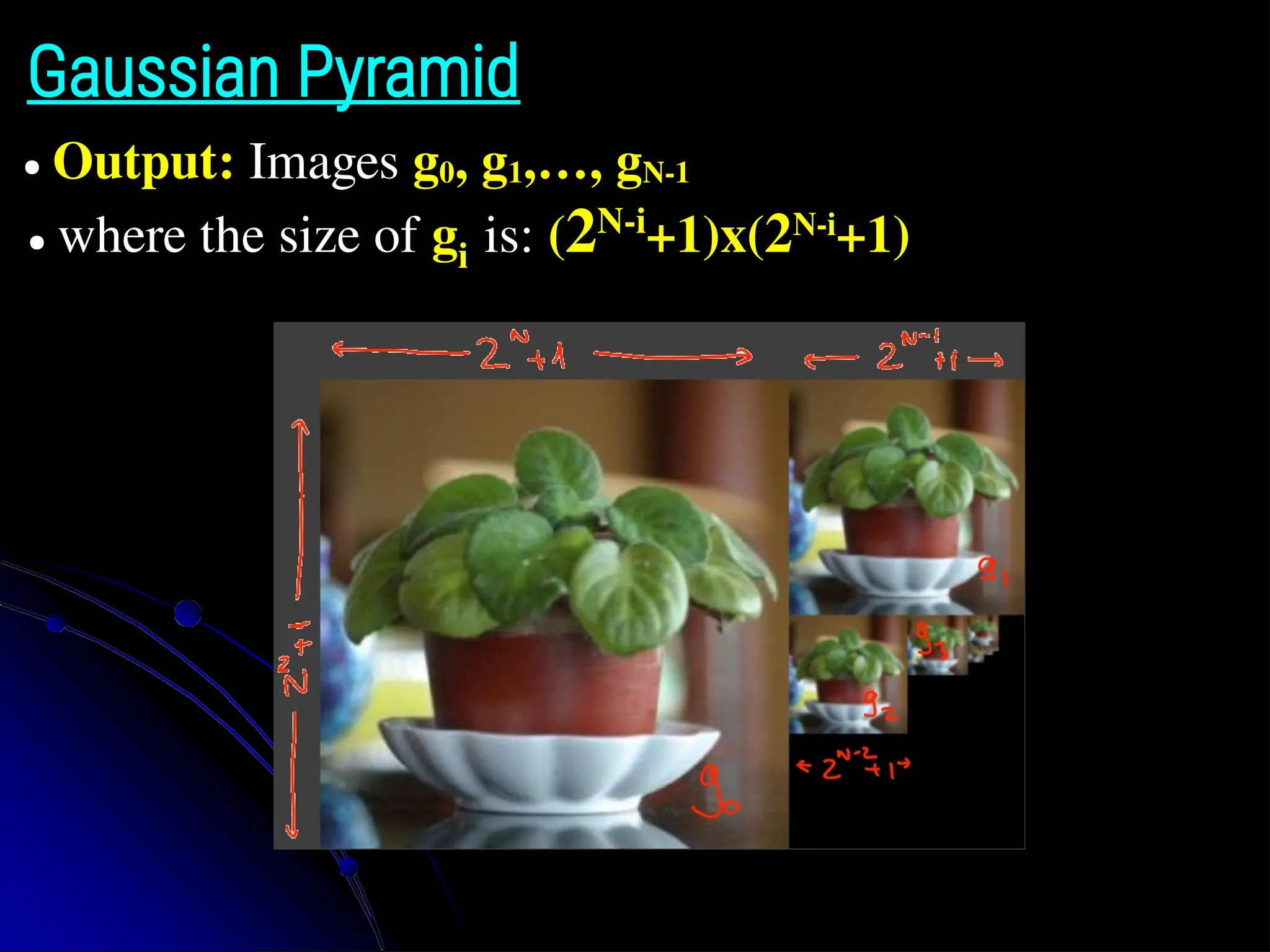 Gaussian Pyramid ● Output: Images g0, g1,…, gN-1 ● where the size of gi is: (2N-i +1)x(2N-i +1) 