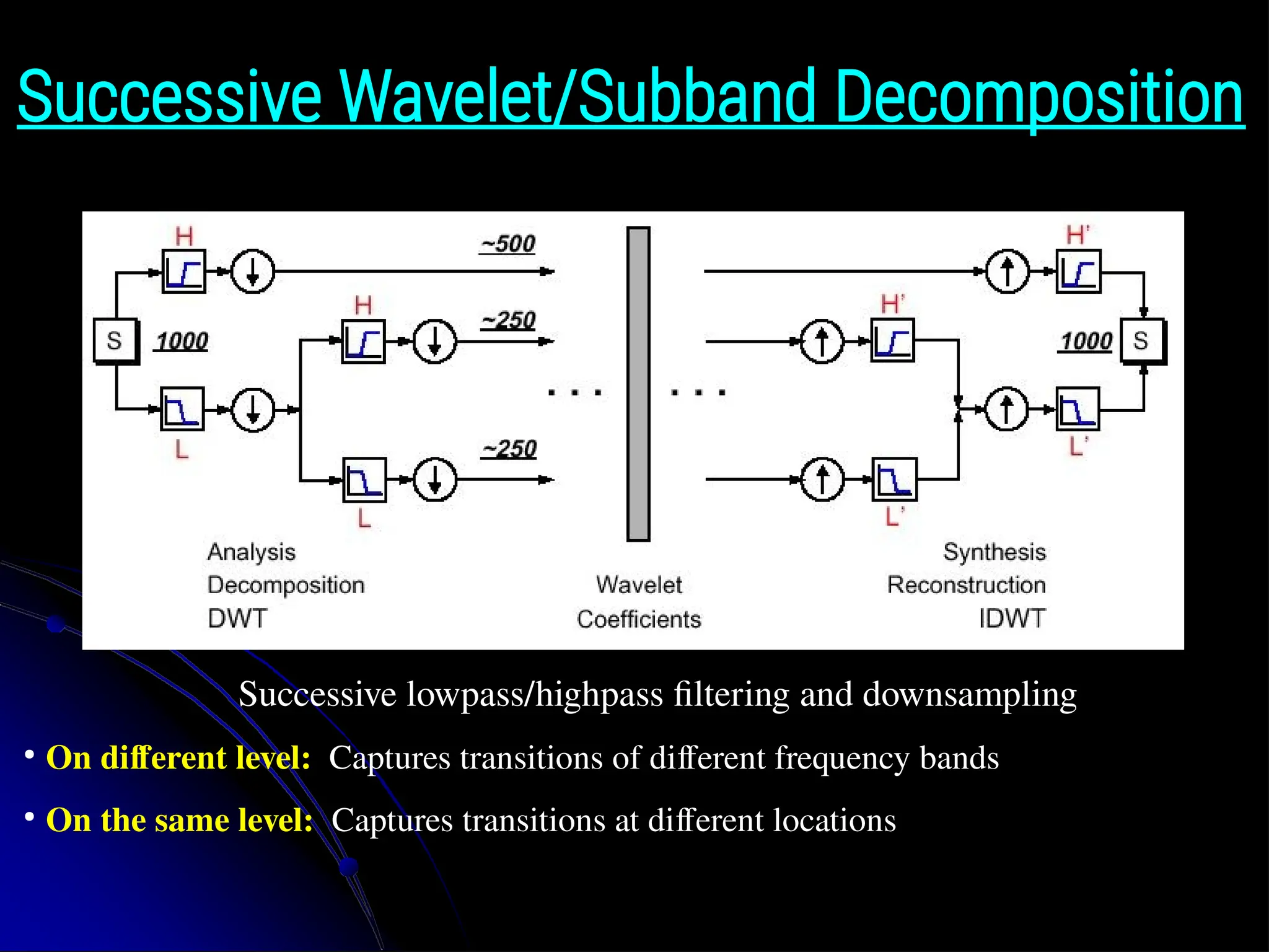 Successive Wavelet/Subband Decomposition Successive lowpass/highpass filtering and downsampling ● On different level: Captures transitions of different frequency bands ● On the same level: Captures transitions at different locations 