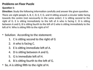 13
Problems on Floor Puzzle
Question 1:
Direction: Study the following information carefully and answer the given question.
There are eight people A, B, C, D, E, F, G, and H sitting around a circular table facing
towards the centre (not necessarily in the same order). C is sitting second to the
right of G. E is sitting immediately to the left of A who is facing C. D is sitting
between A and G, B is sitting fourth to the left of G who is sitting immediately to the
left of H. Who is sitting fifth to the right of H?
• Solution: According to the statement:
1. C is sitting second to the right of G
2. A who is facing C.
3. E is sitting immediate left of A.
4. D is sitting between A and G.
5. G is immediate left of H.
6. B is sitting fourth to the left of G.
• So, A is sitting fifth to the right of H.
 