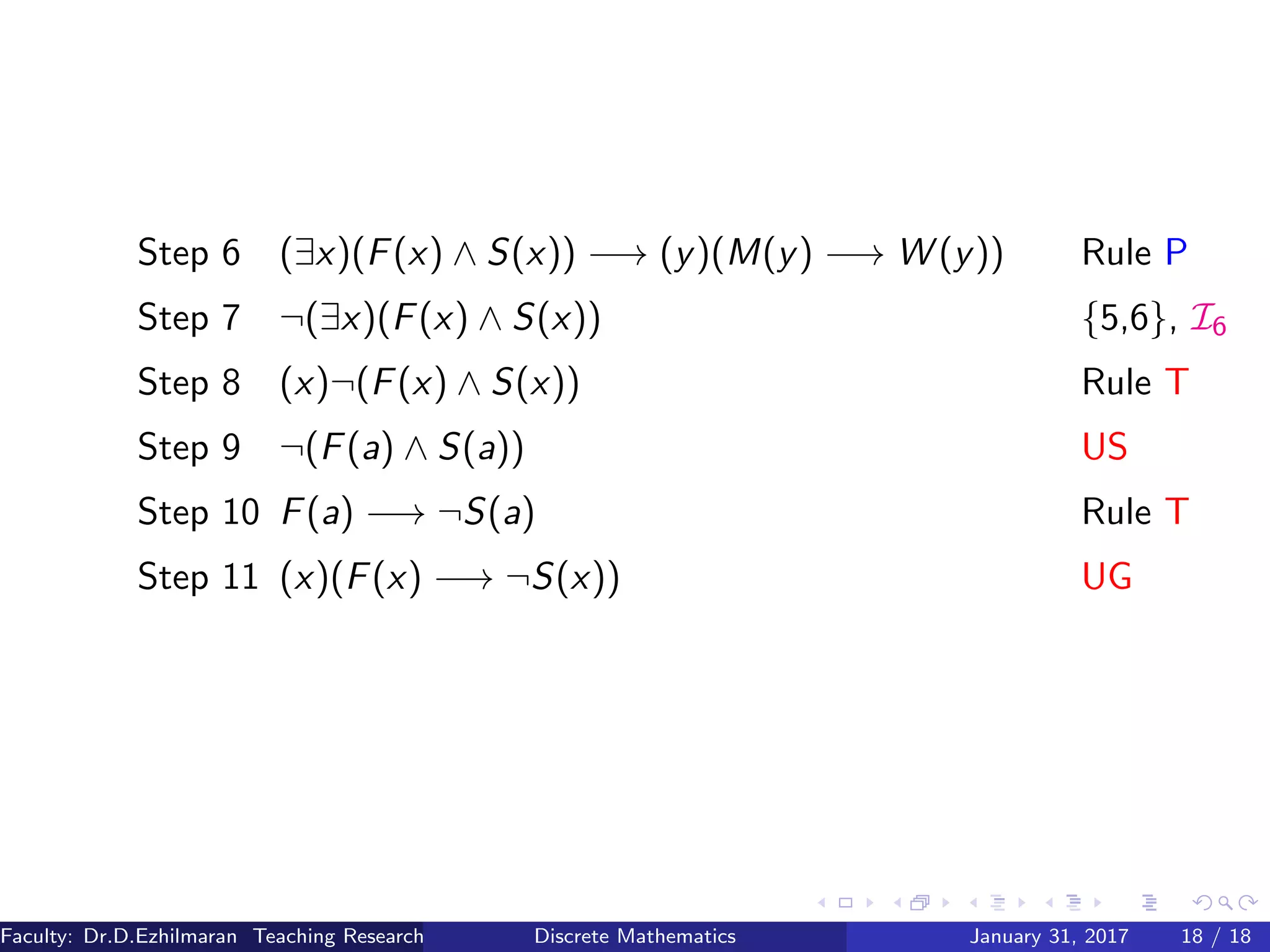 Step 6 (∃x)(F(x) ∧ S(x)) −→ (y)(M(y) −→ W (y)) Rule P
Step 7 ¬(∃x)(F(x) ∧ S(x)) {5,6}, I6
Step 8 (x)¬(F(x) ∧ S(x)) Rule T
Step 9 ¬(F(a) ∧ S(a)) US
Step 10 F(a) −→ ¬S(a) Rule T
Step 11 (x)(F(x) −→ ¬S(x)) UG
Faculty: Dr.D.Ezhilmaran Teaching Research Associate: M.Adhiyaman (VIT)Discrete Mathematics January 31, 2017 18 / 18
 