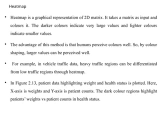 Heatmap

Heatmap is a graphical representation of 2D matrix. It takes a matrix as input and
colours it. The darker colours indicate very large values and lighter colours
indicate smaller values.

The advantage of this method is that humans perceive colours well. So, by colour
shaping, larger values can be perceived well.

For example, in vehicle traffic data, heavy traffic regions can be differentiated
from low traffic regions through heatmap.

In Figure 2.13, patient data highlighting weight and health status is plotted. Here,
X-axis is weights and Y-axis is patient counts. The dark colour regions highlight
patients’ weights vs patient counts in health status.
 