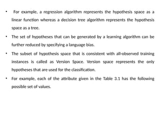 • For example, a regression algorithm represents the hypothesis space as a
linear function whereas a decision tree algorithm represents the hypothesis
space as a tree.
• The set of hypotheses that can be generated by a learning algorithm can be
further reduced by specifying a language bias.
• The subset of hypothesis space that is consistent with all-observed training
instances is called as Version Space. Version space represents the only
hypotheses that are used for the classification.
• For example, each of the attribute given in the Table 3.1 has the following
possible set of values.
 