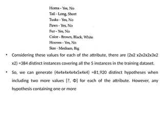 • Considering these values for each of the attribute, there are (2x2 x2x2x2x3x2
x2) =384 distinct instances covering all the 5 instances in the training dataset.
• So, we can generate (4x4x4x4x4x5x4x4) =81,920 distinct hypotheses when
including two more values [?, Φ] for each of the attribute. However, any
hypothesis containing one or more
 