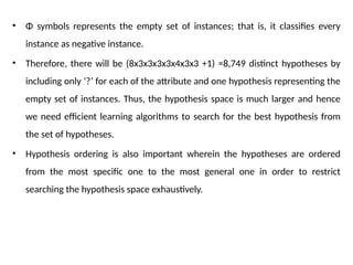 • Φ symbols represents the empty set of instances; that is, it classifies every
instance as negative instance.
• Therefore, there will be (8x3x3x3x3x4x3x3 +1) =8,749 distinct hypotheses by
including only ‘?’ for each of the attribute and one hypothesis representing the
empty set of instances. Thus, the hypothesis space is much larger and hence
we need efficient learning algorithms to search for the best hypothesis from
the set of hypotheses.
• Hypothesis ordering is also important wherein the hypotheses are ordered
from the most specific one to the most general one in order to restrict
searching the hypothesis space exhaustively.
 