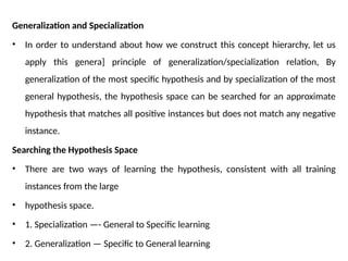 Generalization and Specialization
• In order to understand about how we construct this concept hierarchy, let us
apply this genera] principle of generalization/specialization relation, By
generalization of the most specific hypothesis and by specialization of the most
general hypothesis, the hypothesis space can be searched for an approximate
hypothesis that matches all positive instances but does not match any negative
instance.
Searching the Hypothesis Space
• There are two ways of learning the hypothesis, consistent with all training
instances from the large
• hypothesis space.
• 1. Specialization —- General to Specific learning
• 2. Generalization — Specific to General learning
 