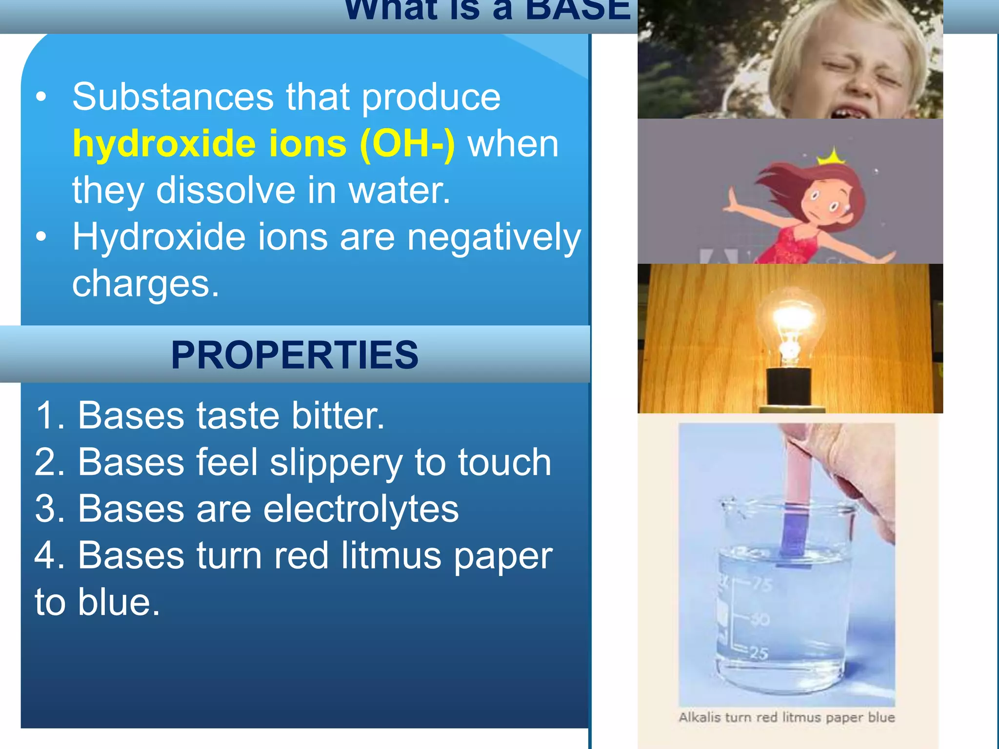 What is a BASE?
• Substances that produce
hydroxide ions (OH-) when
they dissolve in water.
• Hydroxide ions are negatively
charges.
1. Bases taste bitter.
2. Bases feel slippery to touch
3. Bases are electrolytes
4. Bases turn red litmus paper
to blue.
PROPERTIES
 