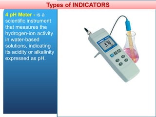 Types of INDICATORS
4 pH Meter - is a
scientific instrument
that measures the
hydrogen-ion activity
in water-based
solutions, indicating
its acidity or alkalinity
expressed as pH.
 