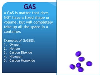 A GAS is matter that does
NOT have a fixed shape or
volume, but will completely
take up all the space in a
container.
Examples of GASSES:
1. Oxygen
2. Helium
3. Carbon Dioxide
4. Nitrogen
5. Carbon Monoxide
 