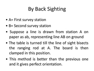 By Back Sighting 
• A= First survey station 
• B= Second survey station 
• Suppose a line is drawn from station A on 
paper as ab, representing line AB on ground 
• The table is turned till the line of sight bisects 
the ranging rod at A. The board is then 
clamped in this position. 
• This method is better than the previous one 
and it gives perfect orientation. 
 