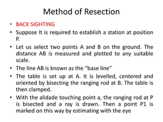 Method of Resection 
• BACK SIGHTING 
• Suppose It is required to establish a station at position 
P. 
• Let us select two points A and B on the ground. The 
distance AB is measured and plotted to any suitable 
scale. 
• The line AB is known as the “base line” 
• The table is set up at A. It is levelled, centered and 
oriented by bisecting the ranging rod at B. The table is 
then clamped. 
• With the alidade touching point a, the ranging rod at P 
is bisected and a ray is drawn. Then a point P1 is 
marked on this way by estimating with the eye 
 