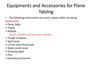 Equipments and Accessories for Plane 
Tabling 
• The following instruments are used in plane table surveying. 
Equipments 
• Plane Table 
• Tripod 
• Alidade 
simple alidade and telescopic alidade 
• Trough Compass 
• Spirit level 
• U-Fork with Plumb bob 
• Water proof cover 
• Drawing paper 
• Pins 
• Drawing accessories 
 