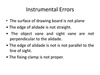 Instrumental Errors 
• The surface of drawing board is not plane 
• The edge of alidade is not straight. 
• The object vane and sight vane are not 
perpendicular to the alidade. 
• The edge of alidade is not is not parallel to the 
line of sight. 
• The fixing clamp is not proper. 
 