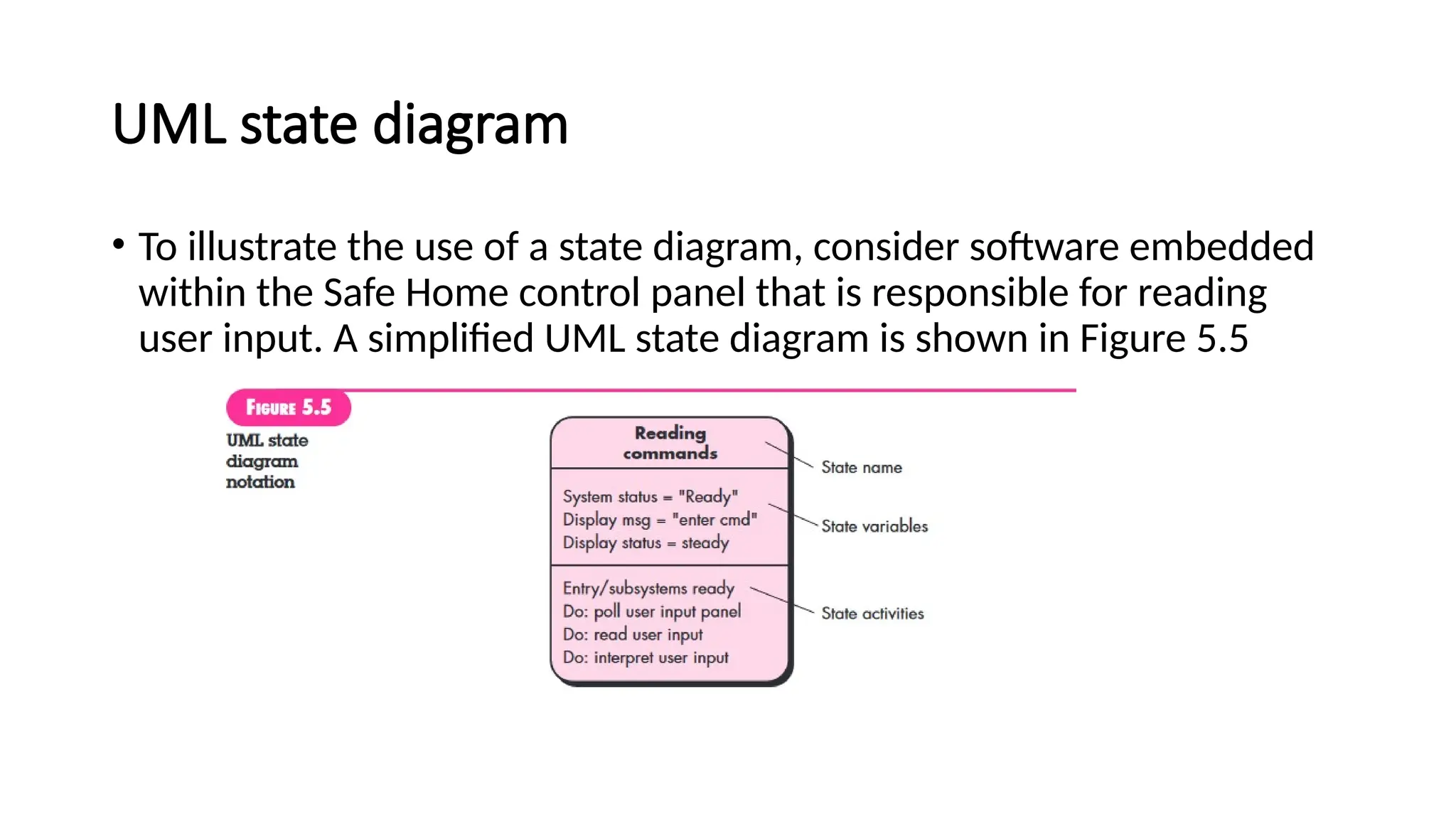 UML state diagram
• To illustrate the use of a state diagram, consider software embedded
within the Safe Home control panel that is responsible for reading
user input. A simplified UML state diagram is shown in Figure 5.5
 