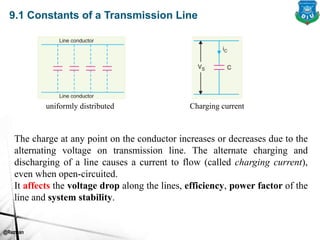 @Rezwan
9.1 Constants of a Transmission Line
The charge at any point on the conductor increases or decreases due to the
alternating voltage on transmission line. The alternate charging and
discharging of a line causes a current to flow (called charging current),
even when open-circuited.
It affects the voltage drop along the lines, efficiency, power factor of the
line and system stability.
uniformly distributed Charging current
 