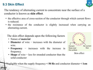 @Rezwan
9.3 Skin Effect
The tendency of alternating current to concentrate near the surface of a
conductor is known as skin effect.
Skin effect
• the effective area of cross-section of the conductor through which current flows
is reduced.
• the resistance of the conductor is slightly increased when carrying an
alternating current.
The skin effect depends upon the following factors
• Nature of material
• Diameter of wire − increases with the diameter of
wire.
• Frequency − increases with the increase in
frequency.
• Shape of wire − less for stranded conductor than the
solid conductor
Negligible when the supply frequency < 50 Hz and conductor diameter < 1cm
 