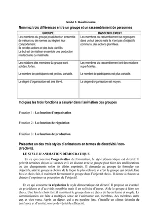 Modul 3. Questionnaire

Nommez trois différences entre un groupe et un rassemblement de personnes
                      GROUPE                                       RASSEMBLEMENT
Les membres du groupe possèdent un ensemble         Les membres du rassemblement se regroupent
de valeurs ou de normes qui règlent leur            dans un but précis mais ils n’ont pas d’objectifs
comportement.                                       communs, des actions planifiées.
Ils ont des actions et des buts clarifiés.
Le but est de réaliser ensemble une production
intellectuelle ou matérielle.

Les relations des membres du groupe sont            Les membres du rassemblement ont des relations
solides, fortes.                                    superficielles.

Le nombre de participants est petit ou variable.    Le nombre de participants est plus variable.

Le degré d’organisation est très élevé.             Le degré d’organisation est moyen.




Indiquez les trois fonctions à assurer dans l`animation des groupes

Fonction 1 : La fonction d`organisation


Fonction 2 : La fonction de régulation


Fonction 3 : La fonction de production


Présentez un des trois styles d`animateurs en termes de directivité / non-
directivité.
   LE STYLE D`ANIMATION DÉMOCRATIQUE
     En ce qui concerne l’organisation de l’animation, le style démocratique est directif. Il
prévoit certaines choses à l’avance et il en discute avec le groupe pour faire des améliorations
ou des changements selon les désirs exprimés. Il demande au groupe de formuler ses
objectifs, aide le groupe à choisir de la façon la plus éclairée et c’est le groupe qui décide.Une
fois le choix fait, il maintient fermement le groupe dans l’objectif choisi. Il donne à chacun sa
chance d’exprimer sa perception de l’objectif.

   En ce qui concerne la régulation le style démocratique est directif. Il propose un éventail
de procédures et d’activités possibles mais il en sollicite d’autres. Aide le groupe à faire son
choix. Une fois le choix fait, il maintient le groupe dans ce choix de façon ferme et souple. La
communication est faite à multiples sens: de l’animateur aux membres, des membres entre
eux et vice-versa. Après un départ qui a pu paraître lent, s’installe un climat détendu de
confiance et d’amitié, source de véritable efficacité.
 