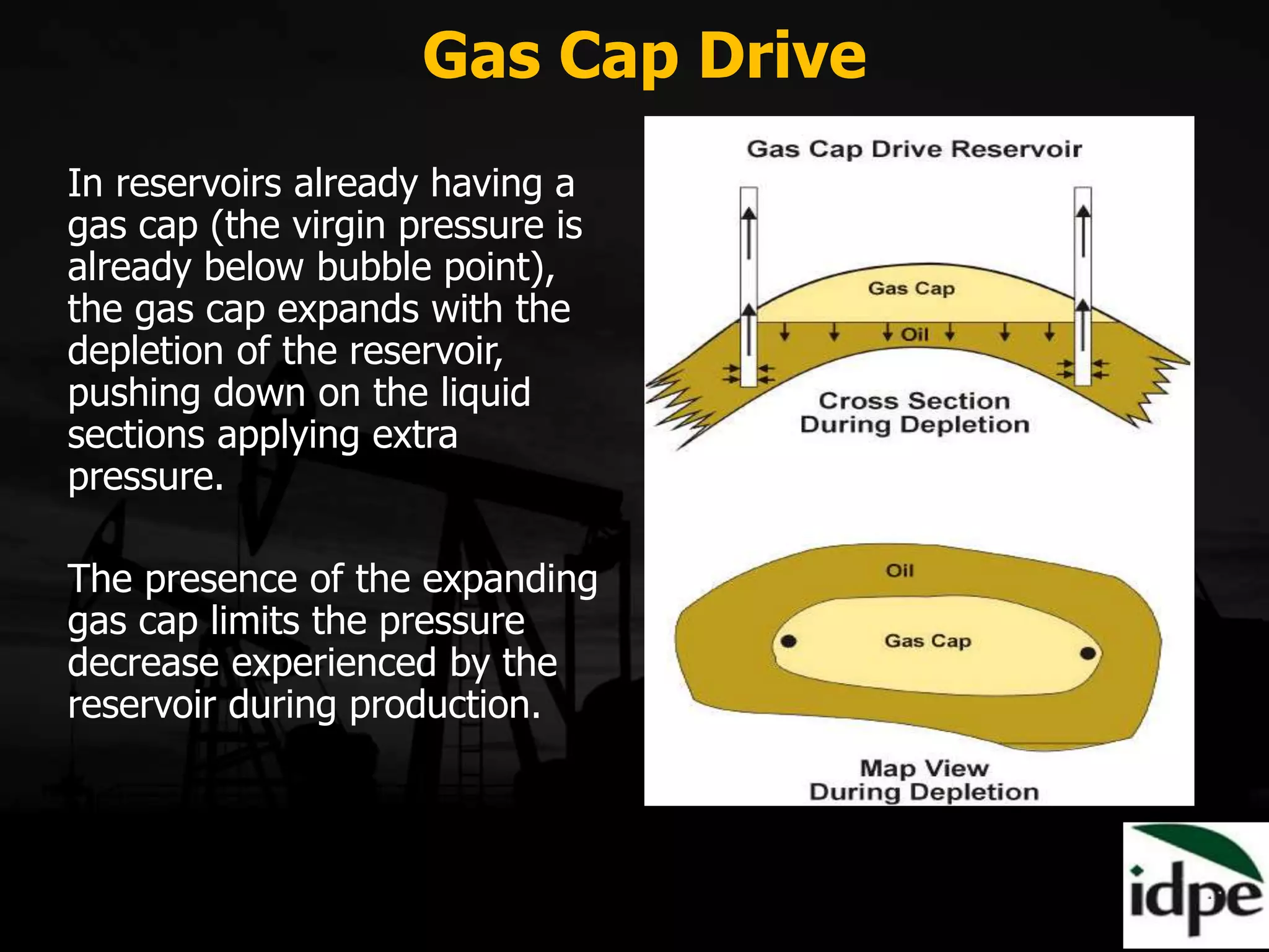 Gas Cap Drive
In reservoirs already having a
gas cap (the virgin pressure is
already below bubble point),
the gas cap expands with the
depletion of the reservoir,
pushing down on the liquid
sections applying extra
pressure.
The presence of the expanding
gas cap limits the pressure
decrease experienced by the
reservoir during production.
 