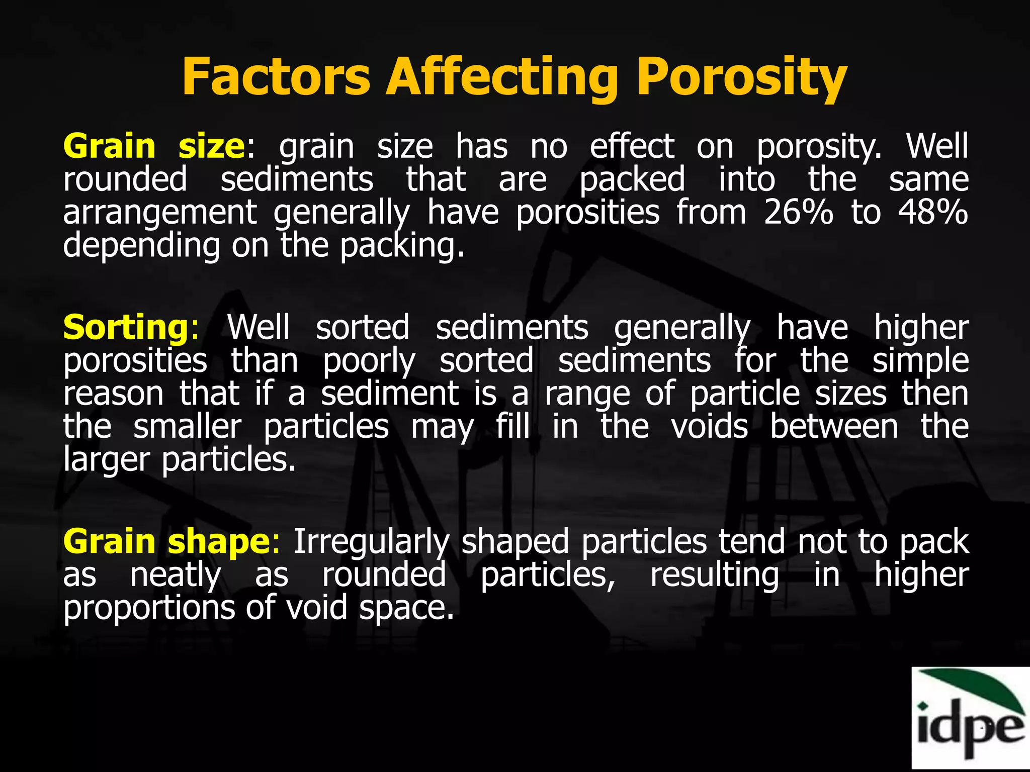 Factors Affecting Porosity
Grain size: grain size has no effect on porosity. Well
rounded sediments that are packed into the same
arrangement generally have porosities from 26% to 48%
depending on the packing.
Sorting: Well sorted sediments generally have higher
porosities than poorly sorted sediments for the simple
reason that if a sediment is a range of particle sizes then
the smaller particles may fill in the voids between the
larger particles.
Grain shape: Irregularly shaped particles tend not to pack
as neatly as rounded particles, resulting in higher
proportions of void space.
 