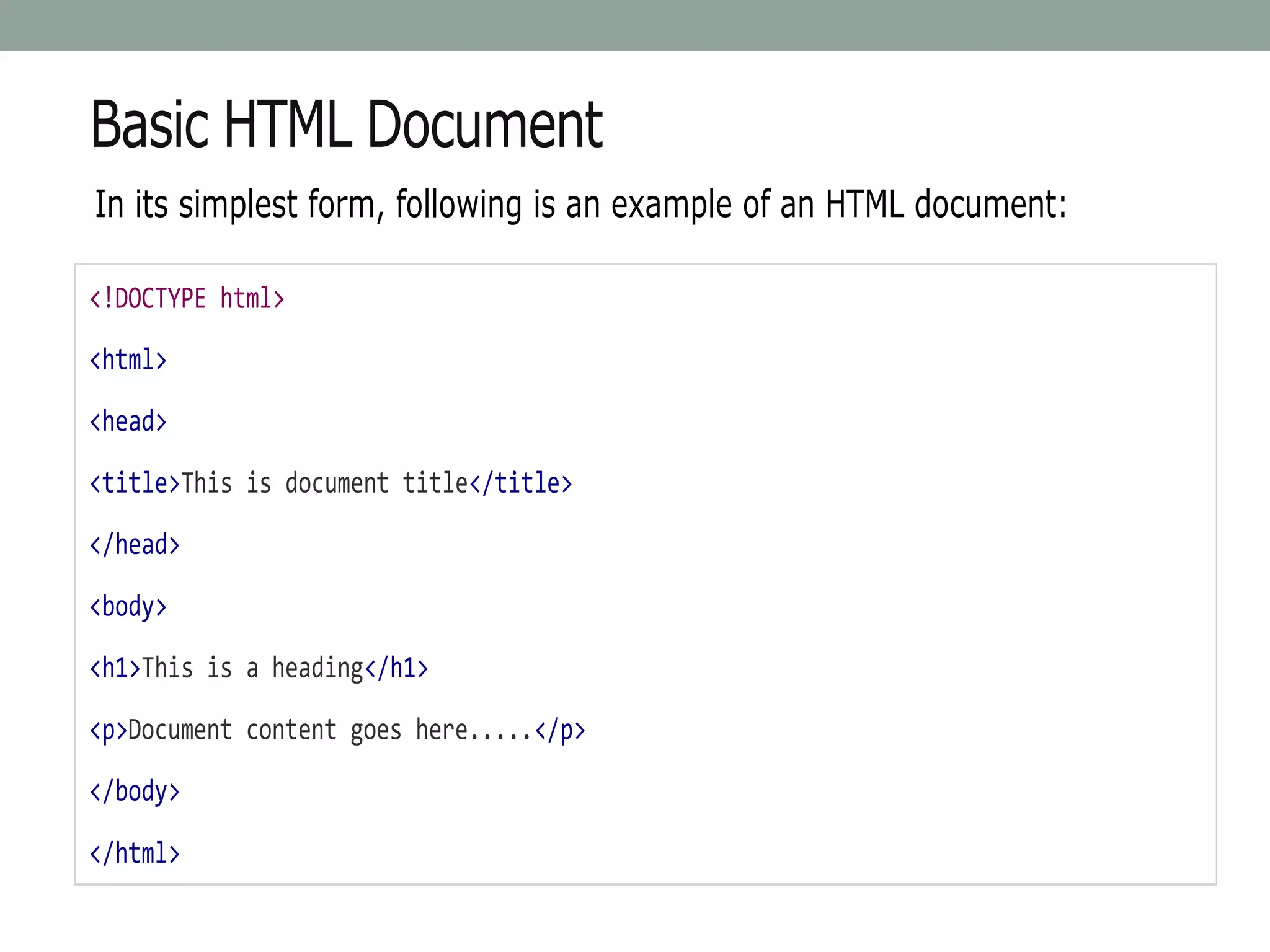 Basic HTML Document
In its simplest form, following is an example of an HTML document:
<!DOCTYPE html>
<html>
<head>
<title>This is document title</title>
</head>
<body>
<h1>This is a heading</h1>
<p>Document content goes here.....</p>
</body>
</html>
 