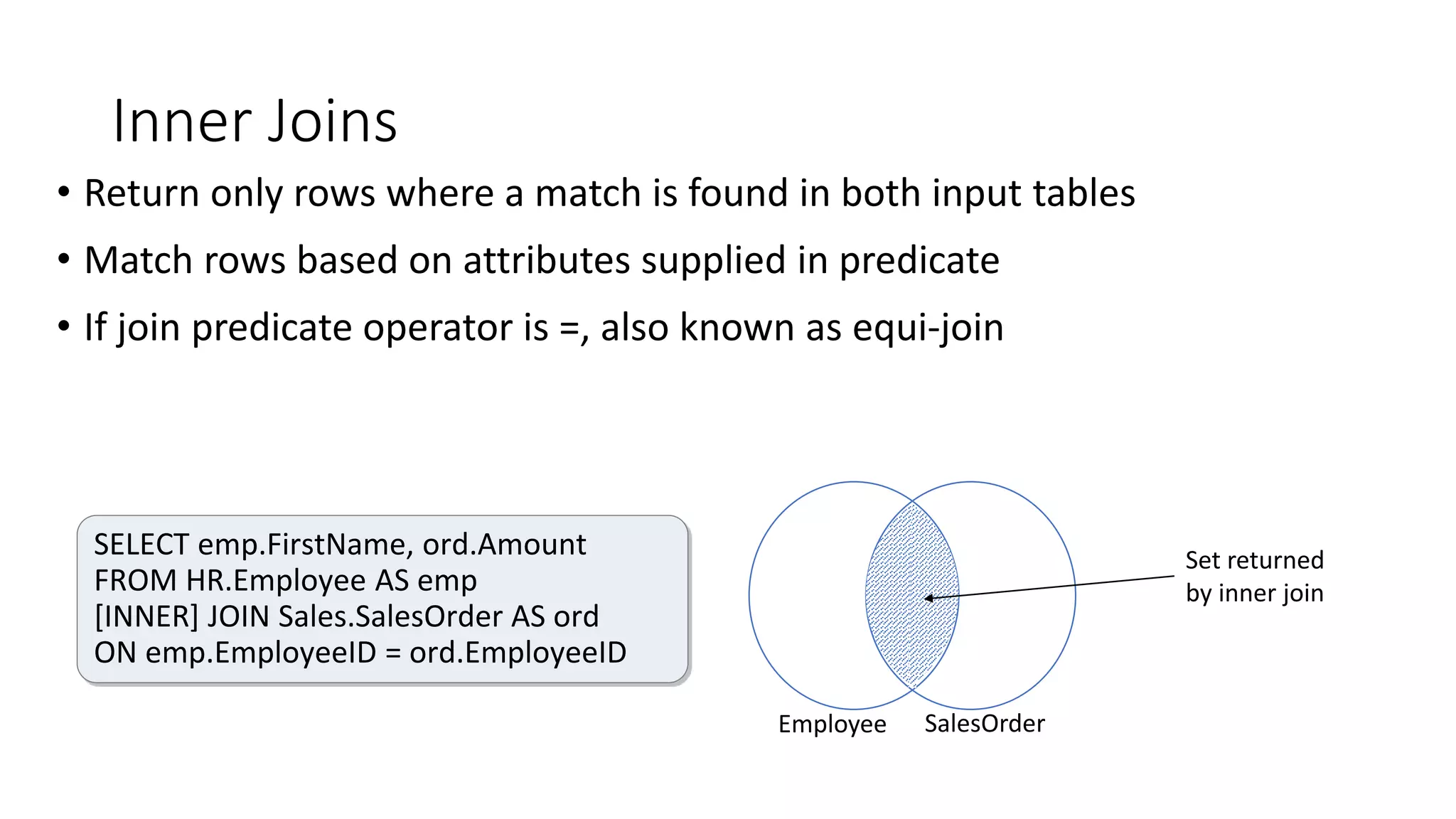 Inner Joins
• Return only rows where a match is found in both input tables
• Match rows based on attributes supplied in predicate
• If join predicate operator is =, also known as equi-join
Employee SalesOrder
Set returned
by inner join
SELECT emp.FirstName, ord.Amount
FROM HR.Employee AS emp
[INNER] JOIN Sales.SalesOrder AS ord
ON emp.EmployeeID = ord.EmployeeID
 