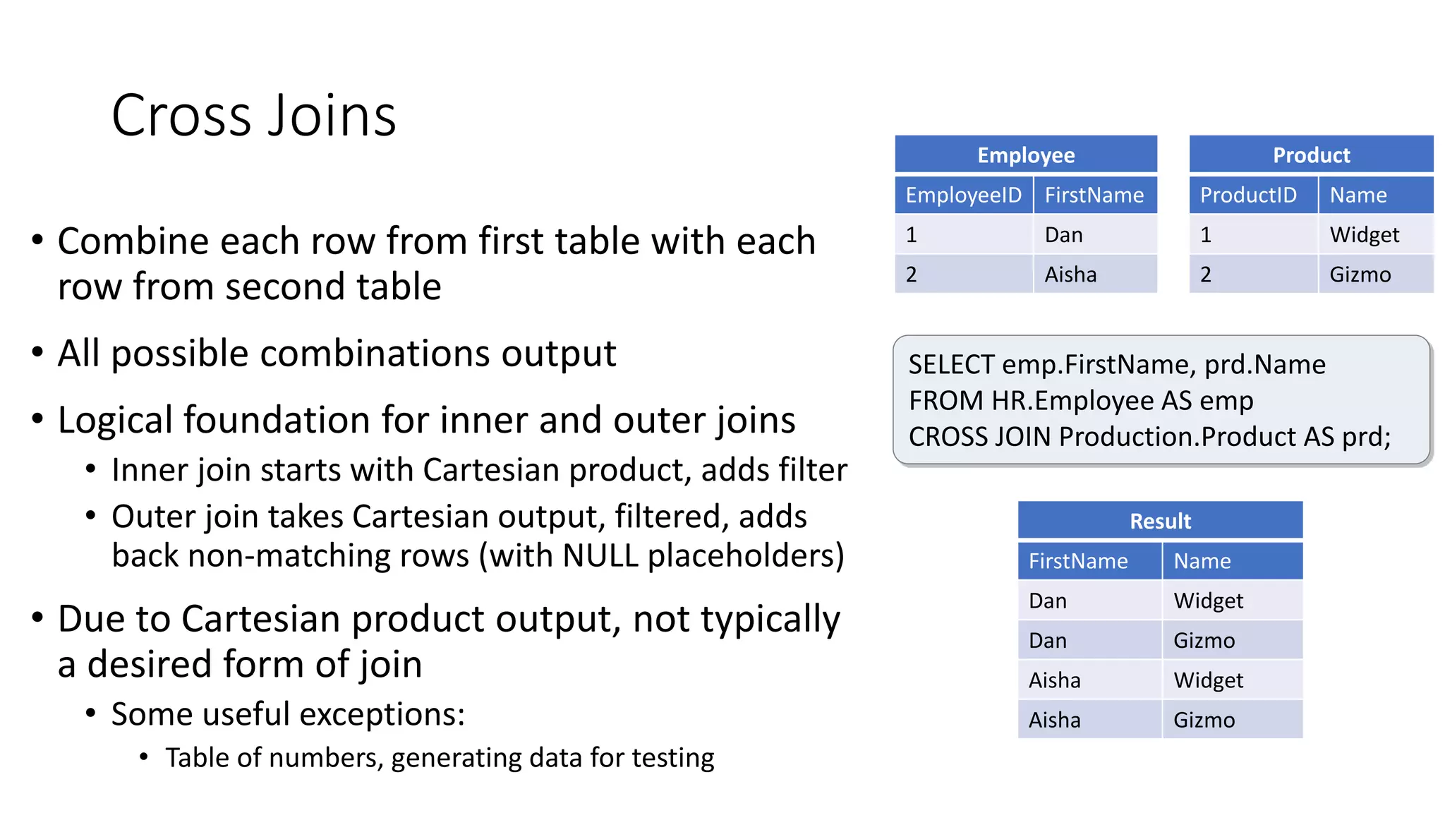 Cross Joins
• Combine each row from first table with each
row from second table
• All possible combinations output
• Logical foundation for inner and outer joins
• Inner join starts with Cartesian product, adds filter
• Outer join takes Cartesian output, filtered, adds
back non-matching rows (with NULL placeholders)
• Due to Cartesian product output, not typically
a desired form of join
• Some useful exceptions:
• Table of numbers, generating data for testing
Employee
EmployeeID FirstName
1 Dan
2 Aisha
Product
ProductID Name
1 Widget
2 Gizmo
Result
FirstName Name
Dan Widget
Dan Gizmo
Aisha Widget
Aisha Gizmo
SELECT emp.FirstName, prd.Name
FROM HR.Employee AS emp
CROSS JOIN Production.Product AS prd;
 