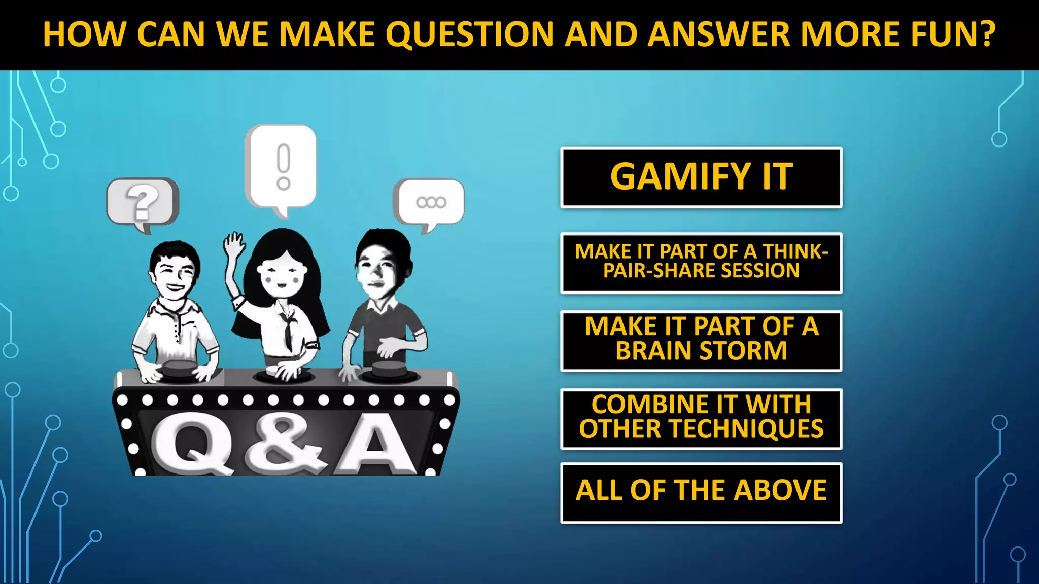 HOW CAN WE MAKE QUESTION AND ANSWER MORE FUN?
GAMIFY IT
MAKE IT PART OF A THINK-
PAIR-SHARE SESSION
MAKE IT PART OF A
BRAIN STORM
COMBINE IT WITH
OTHER TECHNIQUES
ALL OF THE ABOVE
 