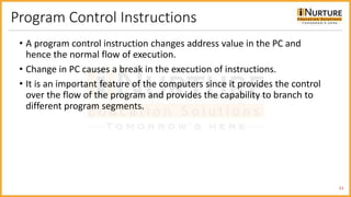 Program Control Instructions
• A program control instruction changes address value in the PC and
hence the normal flow of execution.
• Change in PC causes a break in the execution of instructions.
• It is an important feature of the computers since it provides the control
over the flow of the program and provides the capability to branch to
different program segments.
11
 