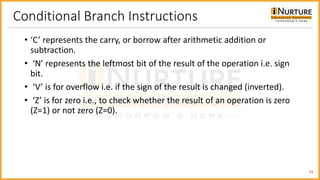 Conditional Branch Instructions
• ‘C’ represents the carry, or borrow after arithmetic addition or
subtraction.
• ‘N’ represents the leftmost bit of the result of the operation i.e. sign
bit.
• ‘V’ is for overflow i.e. if the sign of the result is changed (inverted).
• ‘Z’ is for zero i.e., to check whether the result of an operation is zero
(Z=1) or not zero (Z=0).
15
 