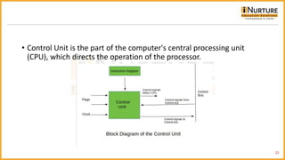 • Control Unit is the part of the computer's central processing unit
(CPU), which directs the operation of the processor.
22
 