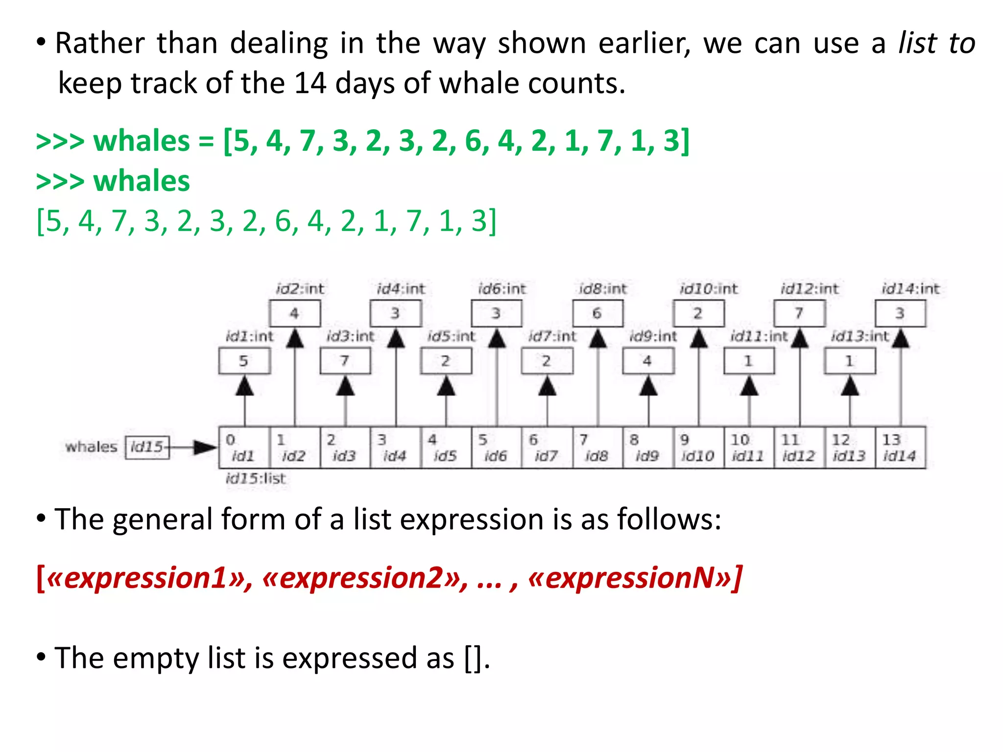 • Rather than dealing in the way shown earlier, we can use a list to
keep track of the 14 days of whale counts.
>>> whales = [5, 4, 7, 3, 2, 3, 2, 6, 4, 2, 1, 7, 1, 3]
>>> whales
[5, 4, 7, 3, 2, 3, 2, 6, 4, 2, 1, 7, 1, 3]
• The general form of a list expression is as follows:
[«expression1», «expression2», ... , «expressionN»]
• The empty list is expressed as [].
 
