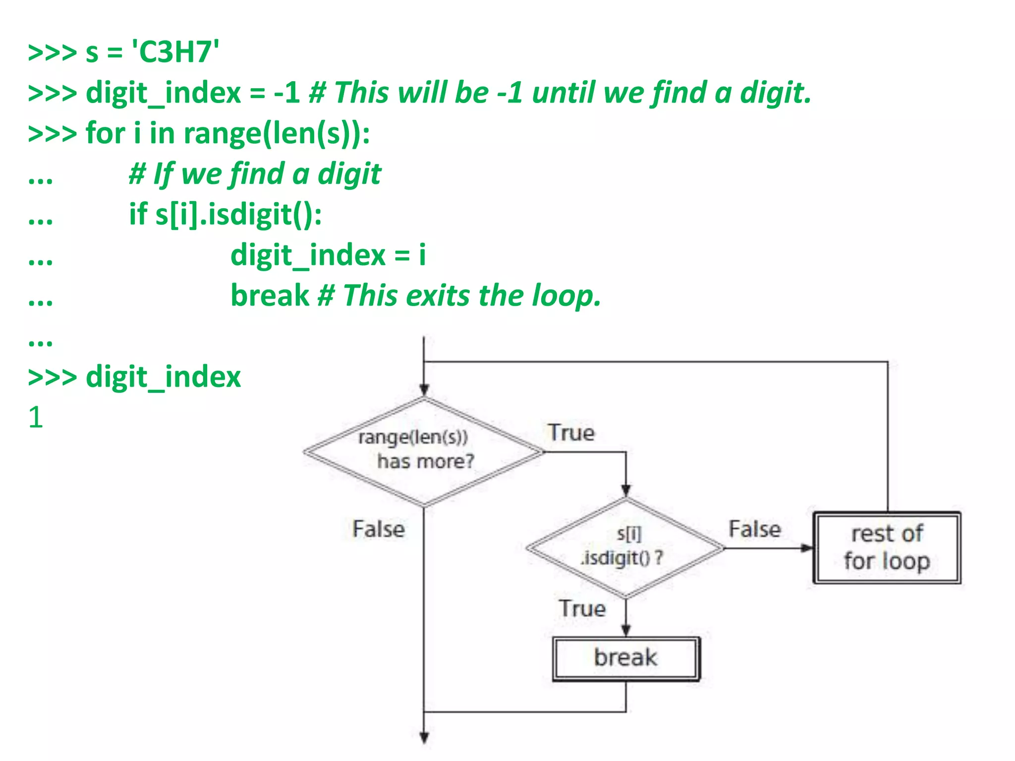 >>> s = 'C3H7'
>>> digit_index = -1 # This will be -1 until we find a digit.
>>> for i in range(len(s)):
... # If we find a digit
... if s[i].isdigit():
... digit_index = i
... break # This exits the loop.
...
>>> digit_index
1
 