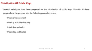 Deeksha M, Dept of CSE, AIET 27
Distribution Of Public Keys
 Several techniques have been proposed for the distribution of public keys. Virtually all these
proposals can be grouped into the following general schemes:
•Public announcement
•Publicly available directory
•Public-key authority
•Public-key certificates
 