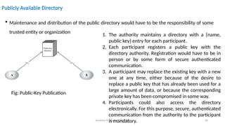 Deeksha M, Dept of CSE, AIET 30
Publicly Available Directory
 Maintenance and distribution of the public directory would have to be the responsibility of some
trusted entity or organization
Fig: Public-Key Publication
1. The authority maintains a directory with a {name,
public key} entry for each participant.
2. Each participant registers a public key with the
directory authority. Registration would have to be in
person or by some form of secure authenticated
communication.
3. A participant may replace the existing key with a new
one at any time, either because of the desire to
replace a public key that has already been used for a
large amount of data, or because the corresponding
private key has been compromised in some way.
4. Participants could also access the directory
electronically. For this purpose, secure, authenticated
communication from the authority to the participant
is mandatory.
 