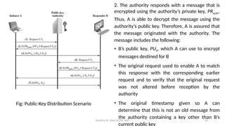 Deeksha M, Dept of CSE, AIET 33
2. The authority responds with a message that is
encrypted using the authority’s private key, PRauth.
Thus, A is able to decrypt the message using the
authority’s public key. Therefore, A is assured that
the message originated with the authority. The
message includes the following:
• B’s public key, PUb, which A can use to encrypt
messages destined for B
• The original request used to enable A to match
this response with the corresponding earlier
request and to verify that the original request
was not altered before reception by the
authority
• The original timestamp given so A can
determine that this is not an old message from
the authority containing a key other than B’s
current public key
Fig: Public-Key Distribution Scenario
 