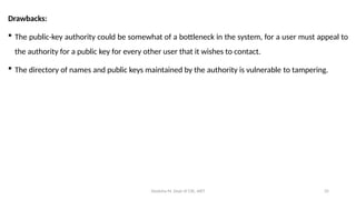 Deeksha M, Dept of CSE, AIET 35
Drawbacks:
 The public-key authority could be somewhat of a bottleneck in the system, for a user must appeal to
the authority for a public key for every other user that it wishes to contact.
 The directory of names and public keys maintained by the authority is vulnerable to tampering.
 