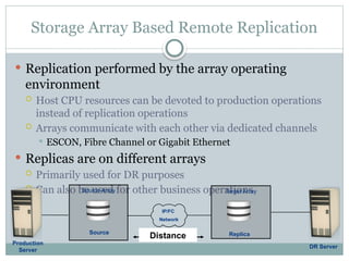 Storage Array Based Remote Replication
 Replication performed by the array operating
environment
 Host CPU resources can be devoted to production operations
instead of replication operations
 Arrays communicate with each other via dedicated channels
 ESCON, Fibre Channel or Gigabit Ethernet
 Replicas are on different arrays
 Primarily used for DR purposes
 Can also be used for other business operations
Source Array Target Array
Distance
Source Replica
DR Server
Production
Server
IP/FC
Network
 