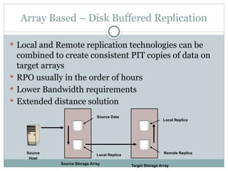 Array Based – Disk Buffered Replication
 Local and Remote replication technologies can be
combined to create consistent PIT copies of data on
target arrays
 RPO usually in the order of hours
 Lower Bandwidth requirements
 Extended distance solution
Source Storage Array
Target Storage Array
Local Replica
Remote Replica
Local Replica
Source
Host
Source Data
 