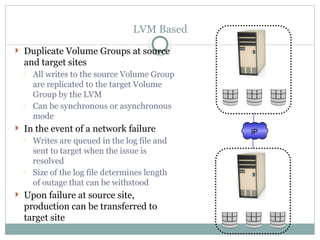 LVM Based
 Duplicate Volume Groups at source
and target sites
◦ All writes to the source Volume Group
are replicated to the target Volume
Group by the LVM
◦ Can be synchronous or asynchronous
mode
 In the event of a network failure
◦ Writes are queued in the log file and
sent to target when the issue is
resolved
◦ Size of the log file determines length
of outage that can be withstood
 Upon failure at source site,
production can be transferred to
target site
IP
 