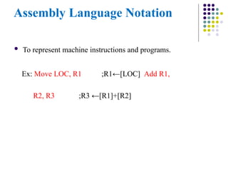 Assembly Language Notation
 To represent machine instructions and programs.
Ex: Move LOC, R1 ;R1←[LOC] Add R1,
R2, R3 ;R3 ←[R1]+[R2]
 