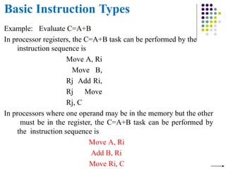 Basic Instruction Types
Example: Evaluate C=A+B
In processor registers, the C=A+B task can be performed by the
instruction sequence is
Move A, Ri
Move B,
Rj Add Ri,
Rj Move
Rj, C
In processors where one operand may be in the memory but the other
must be in the register, the C=A+B task can be performed by
the instruction sequence is
Move A, Ri
Add B, Ri
Move Ri, C
 