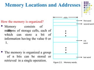 Memory Locations and Addresses
How the memory is organized?
 Memory consists of
many
millions of storage cells, each of
which can store a bit of
information having the value 0 or
1.
 The memory is organized a group
of n bits can be stored or
retrieved in a single operation.
first word
second word
Figure 2.5. Memory words.
nbits
last word
i th
word
•
•
•
•
•
•
 