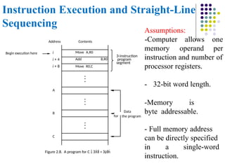 Instruction Execution and Straight-Line
Sequencing
Move A,R0
Add B,R0
Move R0,C
i
i + 4
i + 8
Begin execution here
Contents
Address
C
B
A
the program
Data
for
3-instruction
program
segment
Figure 2.8. A program for C   + 
Assumptions:
memory operand
-Computer allows one
per
instruction and number of
processor registers.
- 32-bit word length.
-Memory is
byte addressable.
- Full memory address
can be directly specified
in a single-word
instruction.
 