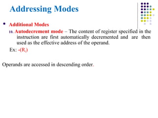 Addressing Modes
 Additional Modes
10. Autodecrement mode – The content of register specified in the
instruction are first automatically decremented and are then
used as the effective address of the operand.
Ex: -(Ri)
Operands are accessed in descending order.
 