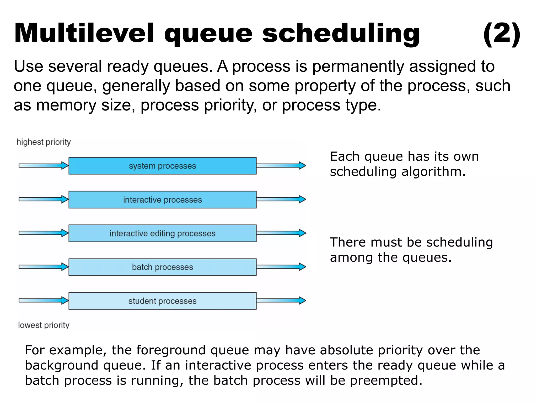 Each queue has its own
scheduling algorithm.
There must be scheduling
among the queues.
For example, the foreground queue may have absolute priority over the
background queue. If an interactive process enters the ready queue while a
batch process is running, the batch process will be preempted.
Multilevel queue scheduling (2)
Use several ready queues. A process is permanently assigned to
one queue, generally based on some property of the process, such
as memory size, process priority, or process type.
 