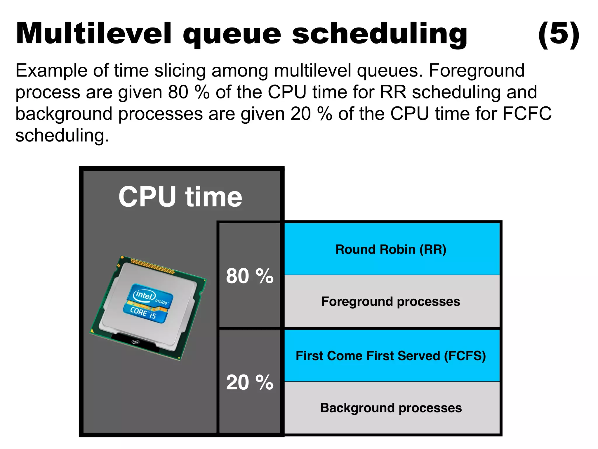 CPU time
80 %
Round Robin (RR)
Foreground processes
20 %
First Come First Served (FCFS)
Background processes
Multilevel queue scheduling (5)
Example of time slicing among multilevel queues. Foreground
process are given 80 % of the CPU time for RR scheduling and
background processes are given 20 % of the CPU time for FCFC
scheduling.
 