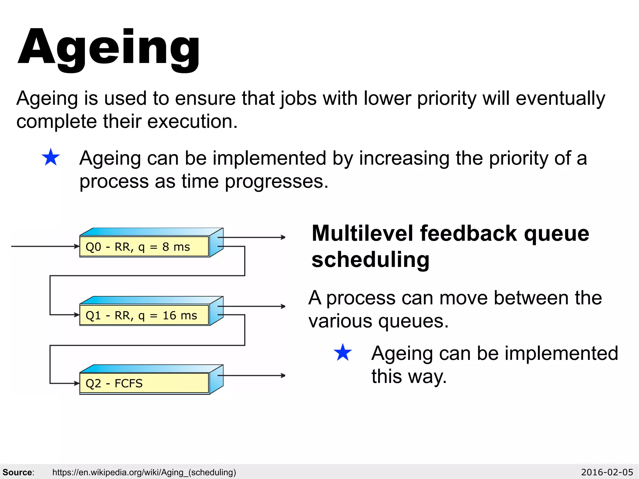 Ageing is used to ensure that jobs with lower priority will eventually
complete their execution.
★ Ageing can be implemented by increasing the priority of a
process as time progresses.
Ageing
A process can move between the
various queues.
★ Ageing can be implemented
this way.
Q0 - RR, q = 8 ms
Q1 - RR, q = 16 ms
Q2 - FCFS
Multilevel feedback queue
scheduling
Source: https://en.wikipedia.org/wiki/Aging_(scheduling) 2016-02-05
 
