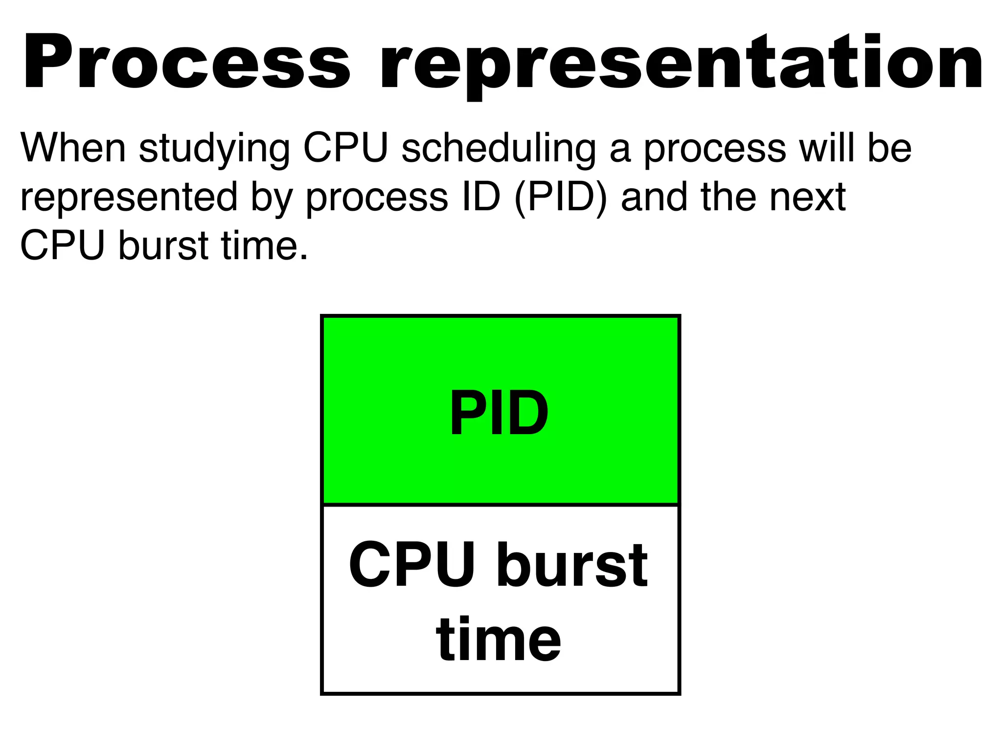 PID
CPU burst
time
Process representation
When studying CPU scheduling a process will be
represented by process ID (PID) and the next
CPU burst time.
 